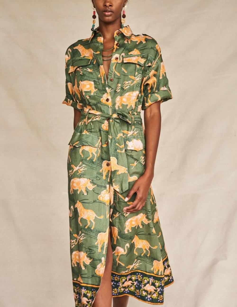 Chufy Safari Shirt Dress Womens XS Green Short Sleeve Animal Print Linen Midi